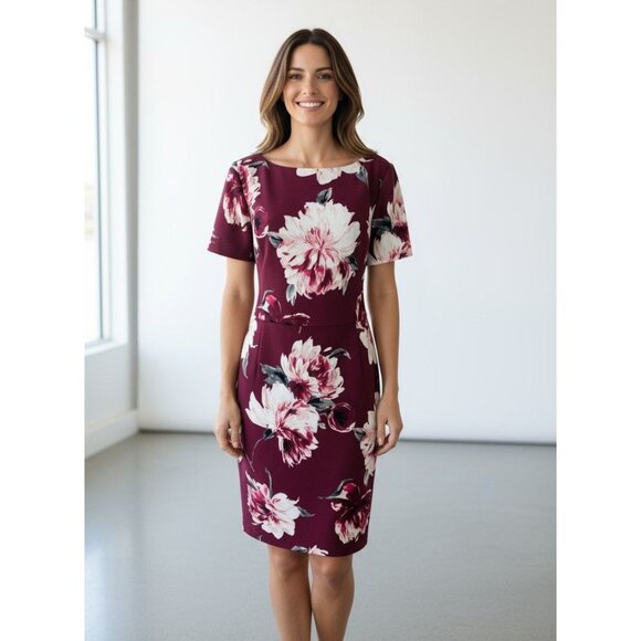 White House Black Market‎ Burgundy Fall Floral Print Sheath Dress Size 12 Office - Picture 7 of 8